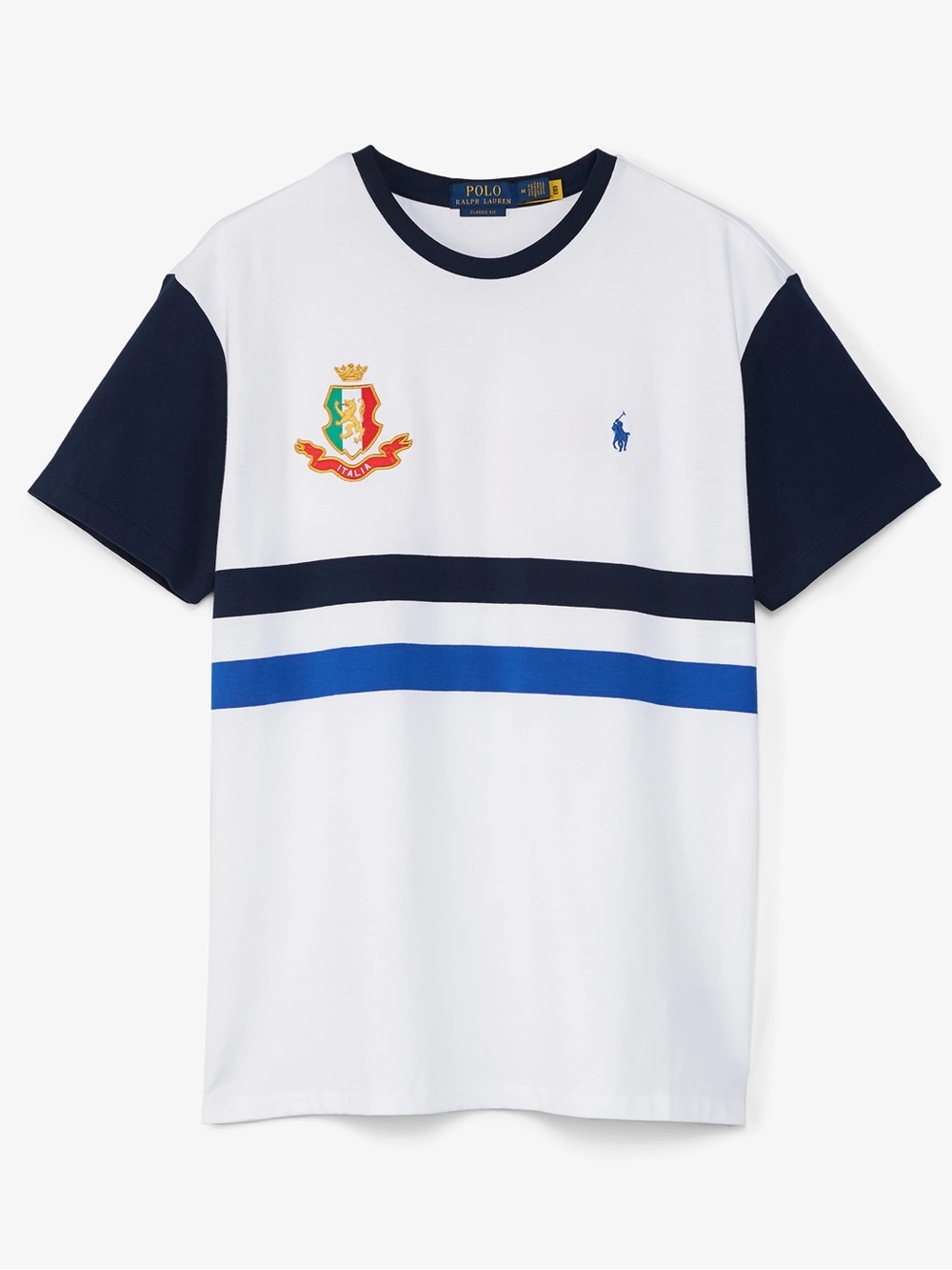 New Men’s Ralph Lauren White Tee with Navy and Royal Blue Stripes